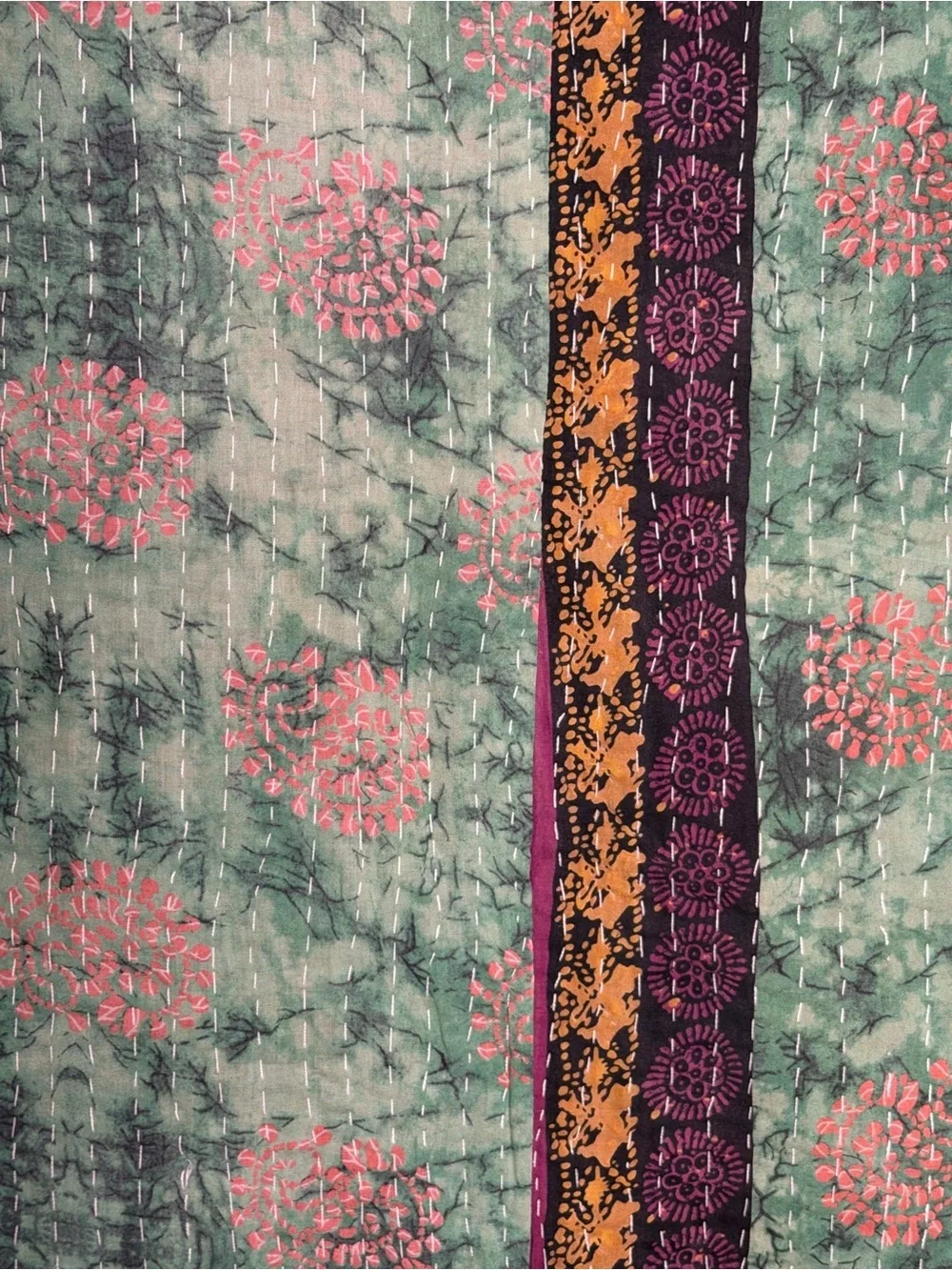 Vintage Handmade Printed Kantha Quilt India Sari Throw Blanket Twin 52x80